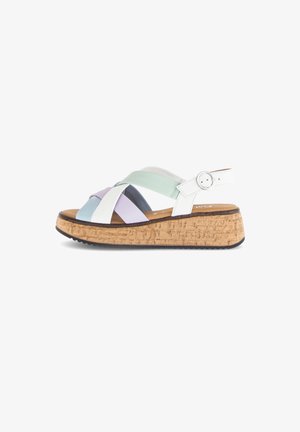 Wedge sandal with a cork sole and multicolored leather straps in pastel shades, featuring an adjustable ankle strap with a silver buckle.