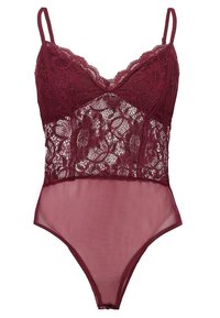 Burgundinpunainen body, jossa yläosassa monimutkainen kukallinen pitsi ja alaosassa läpinäkyvä verkkokudos; säädettävät olkaimet ja pohjassa napsautettava kiinnitys.