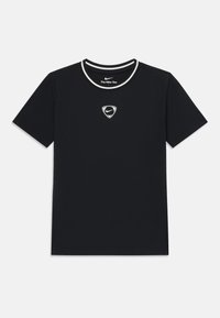 Czarna koszulka z krótkim rękawem, wykonana z bawełny, z okrągłym dekoltem z białym wykończeniem oraz małym białym logo Nike na środku.