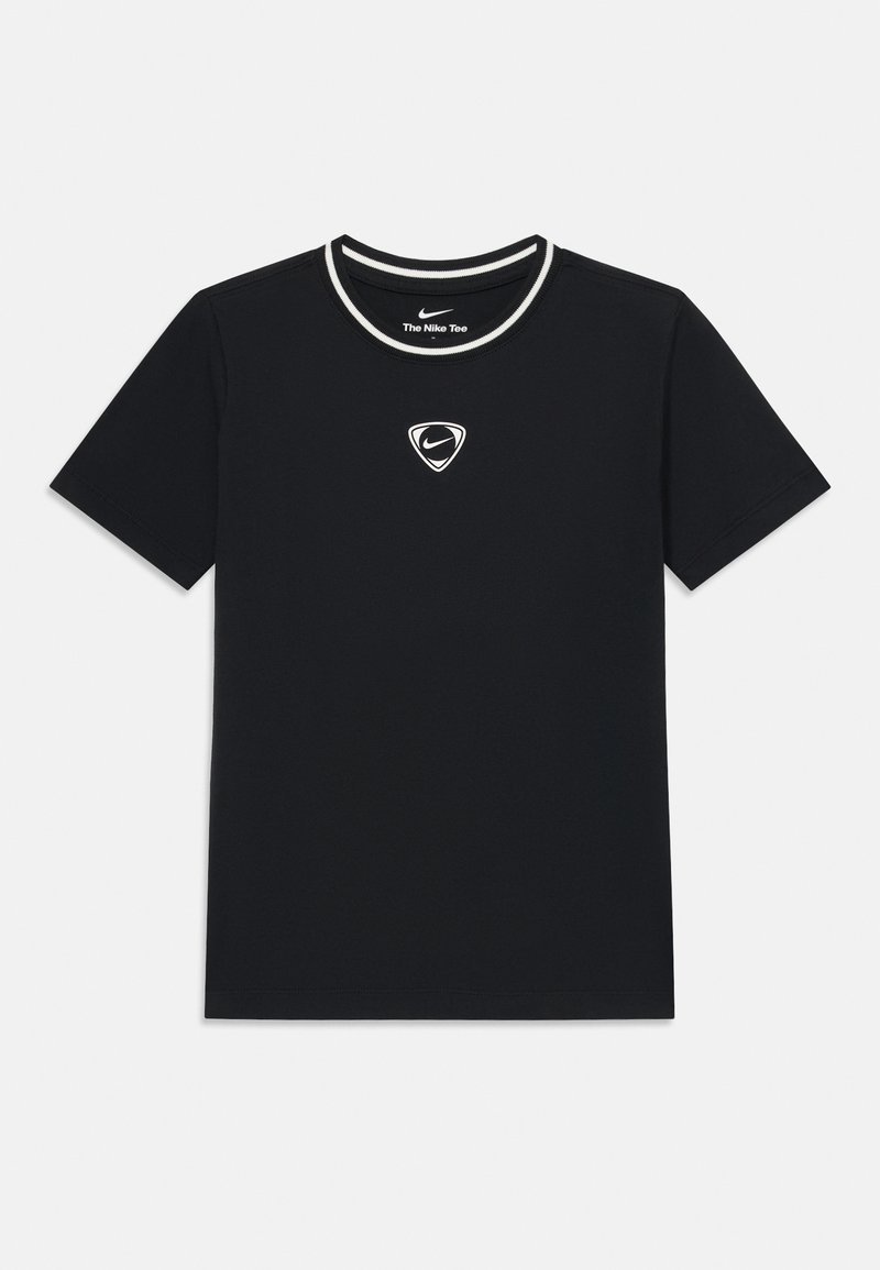 Czarna koszulka z krótkim rękawem, wykonana z bawełny, z okrągłym dekoltem z białym wykończeniem oraz małym białym logo Nike na środku.