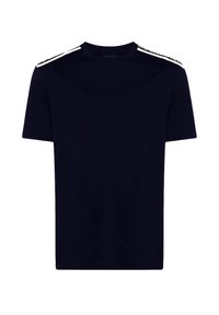 Marinblå bomullströja med korta ärmar, rundad halsringning och vita axelband med tryck. Slät textur, normal passform.