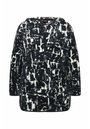 Pull en polaire avec capuche, doté d'un motif abstrait noir et blanc, d'une fermeture éclair à l'avant et d'une grande poche avant. Texture douce, coupe décontractée.