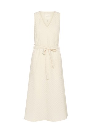 Vestido sin mangas con escote en V en crema claro. Tejido texturizado con un patrón de diamantes, cinturón en la cintura con lazo, y dos bolsillos laterales.