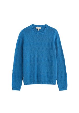 Pull en maille bleu à manches longues avec motifs géométriques texturés et col, poignets, et ourlet côtelés, posé à plat sur un fond blanc.