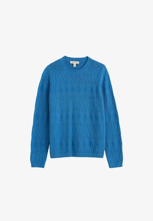 Sinine pikkade varrukatega kudumitega kampsun, millel on tekstuuriga geomeetrilised mustrid ning soonikuga krae, mansetid ja alläär, asetatud valgele taustale.