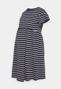 Námořnická modrá a bílá horizontálně pruhovaná šaty s krátkým rukávem, se staženým pasem a kulatým výstřihem.