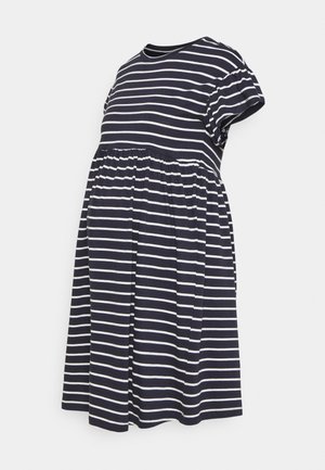 Granatowa i biała, poziomo paskowana sukienka krótko rękawowa z marszczoną talią i okrągłym dekoltem.