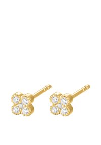 Gold stud earrings in a floral design, featuring four clear, round stones set in a smooth gold setting with petite backs for secure fastening.