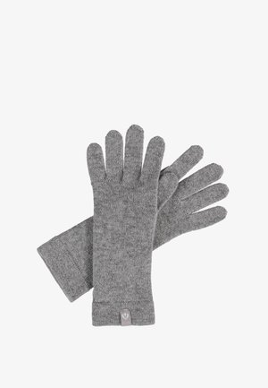 Gray knit gloves with five fingers and a ribbed cuff. The fabric features a textured pattern and a small logo patch near the cuff.