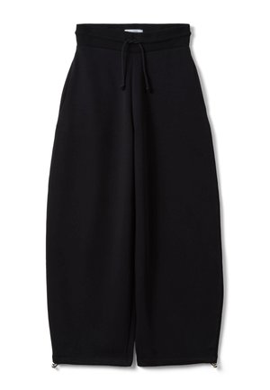 Schwarze Hose mit weitem Bein, hohem geripptem Bund und Kordelzugverschluss, mit Reißverschlussdetails an den Knöchelabschlüssen.