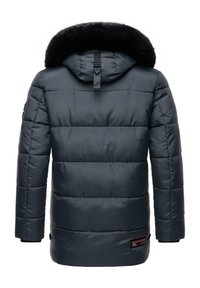 Tumehall neopreenist parkajakk, millel on eemaldatav must faux karusnaha kapuuts, soonikute äärised ja silt alumises vasakus nurgas.