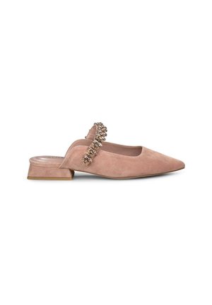 Pink suede slingback shoe with a pointed toe, subtle heel, and decorative crystal accent on the strap. Smooth finish and sleek design.