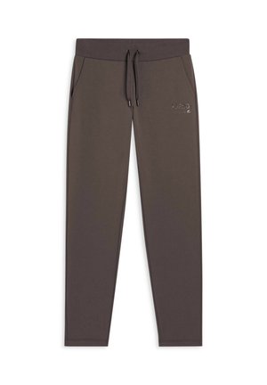 Pantalons de jogging gris foncé en matériau doux, avec une taille élastique à cordons de serrage, des poches latérales et un petit logo à l'avant.