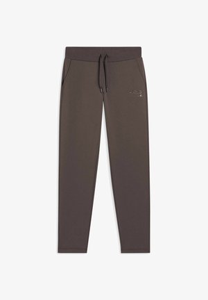 Pantaloni jogger grigio scuro realizzati in materiale morbido, dotati di una cintura elastica con coulisse, tasche laterali e un piccolo logo frontale.