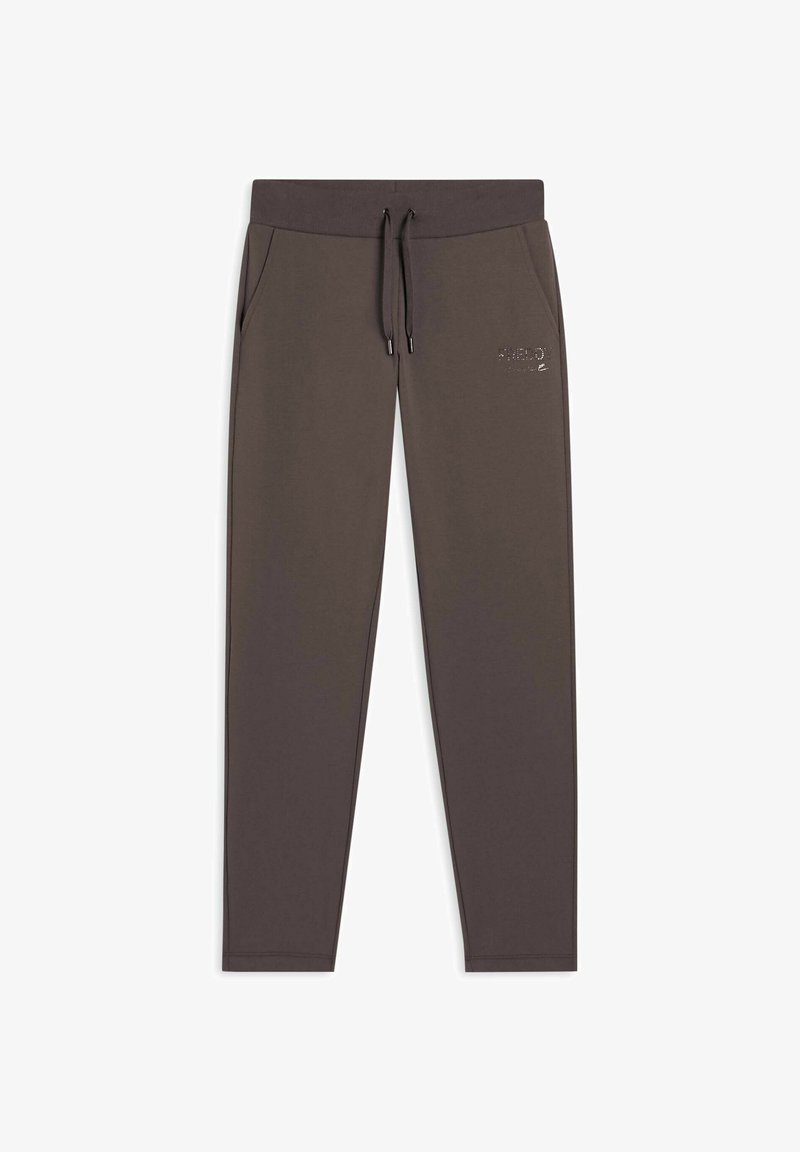 Pantalones de chándal en gris oscuro, hechos de material suave, con cintura elástica y cordones, bolsillos laterales y un pequeño logo en la parte delantera.