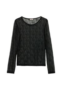 Top negro de manga larga hecho de encaje con escote redondo. Presenta un patrón texturizado en toda la prenda y ribete sólido negro a lo largo de los bordes.