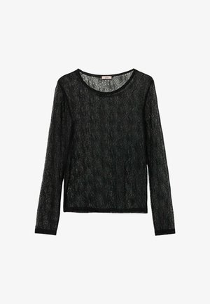 Czarna bluzka z długim rękawem wykonana z koronki, z okrągłym dekoltem. Posiada teksturowany wzór na całej powierzchni oraz jednolite czarne wykończenie na brzegach.