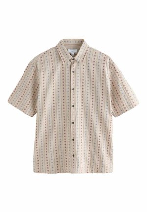 Beež lühikeste varrukatega nööbitav särk väikeste punaste ja siniste lilleliste vertikaaltriipudega ning klassikalise kraega.