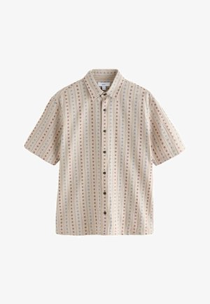 Camicia beige a maniche corte con bottoni, strisce verticali sottili a motivi floreali rossi e blu e colletto classico.