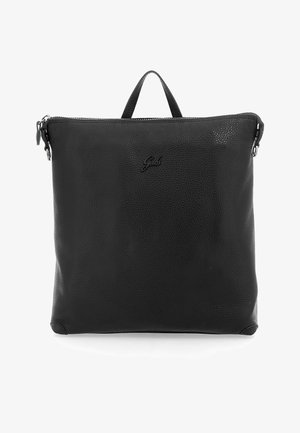 Borsa nera in pelle con finitura testurizzata, forma quadrata, manico superiore e chiusura con zip. Presenta logo impresso sul davanti.
