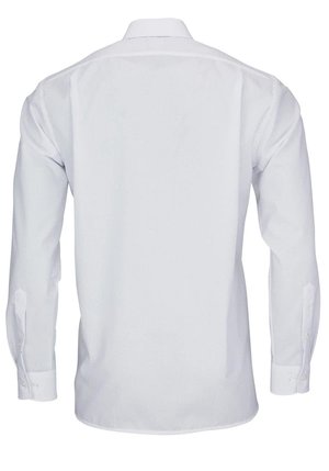 Weißes Langarmhemd mit Standardkragen, glatter Textur, geknöpften Manschetten und geradem Schnitt. Die Rückansicht zeigt keine Muster oder Akzente.