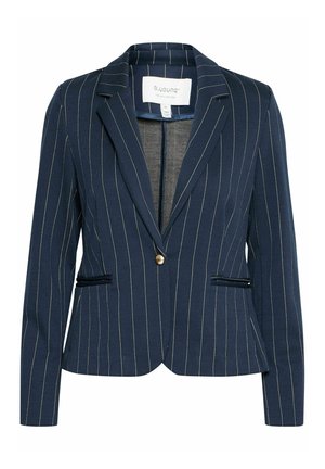 Marineblå blazer med striper laget av teksturert stoff. Har en to-knappslukking, reverskrage og to framlommer med svart kant. Gullfarget knapp.