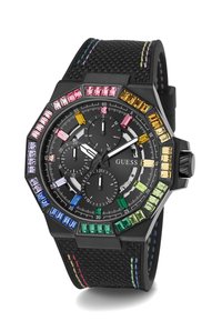Reloj octagonal negro con una correa de goma texturizada. El bisel presenta piedras preciosas rectangulares de colores múltiples. Esfera negra con tres subesferas.