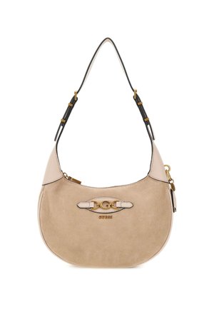 Beige ruskind skuldertaske i halvmåneform med sort justerbar rem, GG-spænde i guldton og "GUESS" logo på fronten.
