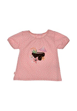 Pink toddler shirt with red heart pattern and embroidered tropical drink with umbrella and flowers on the front.