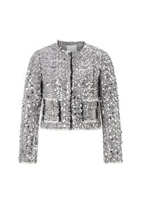 Silver sequin jacket with long sleeves, cropped design, and two front pockets. Features a round neckline and open front with no closures.