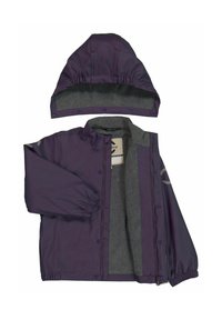 Giacca impermeabile viola con fodera in pile grigia, bottoni a pressione e polsini elastici. Include un cappuccio abbinato con parte superiore arricciata.