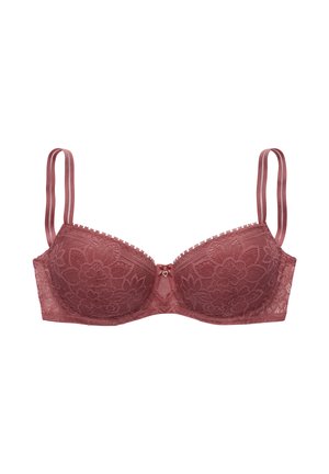 Mauve Spitzen-BH mit Blumenmustern, verstellbaren doppelten Trägern und einem kleinen Herzanhänger in der Mitte vorne.