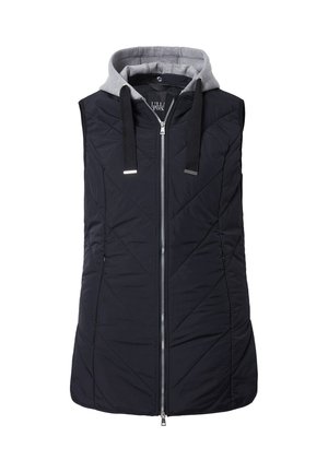 Gilet sans manches noir en duvet avec capuche grise, équipé d'une fermeture éclair sur le devant, de coutures en diagonale et de cordons de serrage contrastants.