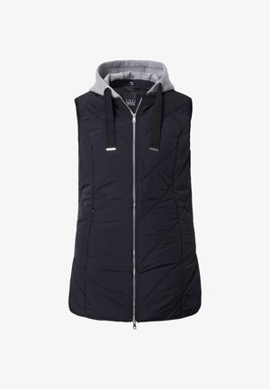 Gilet imbottito nero senza maniche con cappuccio grigio, dotato di zip frontale, cuciture diagonali e lacci a contrasto.