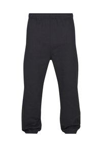 Pantalon de jogging noir avec taille élastique et poignets élastiques, fabriqué dans un tissu doux et lisse, présenté à plat de face.