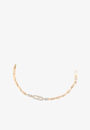 Arany láncnyaklánc hosszúkás szemekkel és középen egy téglalap alakú medállal, amely gyémántokkal és görög kulcs mintával díszített.