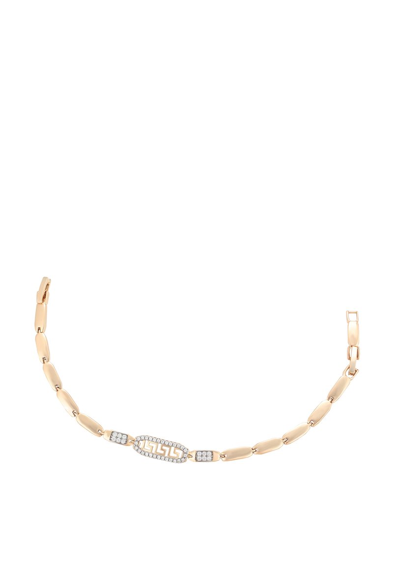 Colier din aur cu linkuri lungi și un pandantiv rectangular central decorat cu diamante și un model de cheie grecească.