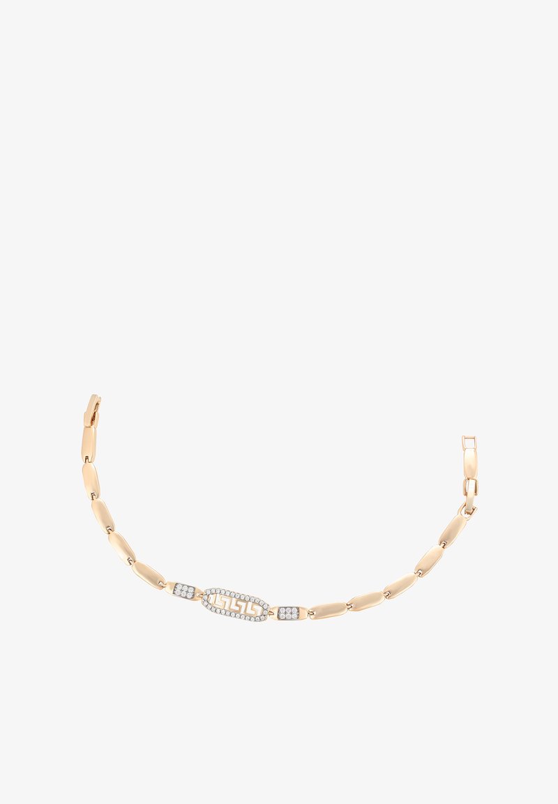 Colier din aur cu linkuri lungi și un pandantiv rectangular central decorat cu diamante și un model de cheie grecească.