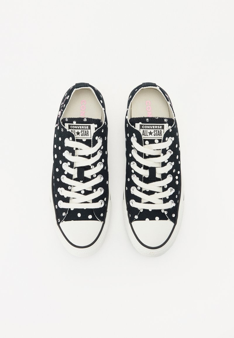 Zapatillas de lona negras con lunares blancos, cordones blancos y suelas de goma. Presentan la marca "Converse All Star" en la lengüeta.