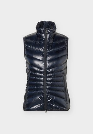 Vestă matlasată fără mâneci, lucioasă, de culoare albastru închis, cu guler înalt și închidere frontală cu fermoar, concepută pentru căldură și confort ușor.