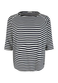 Marineblau- und weißgestreiftes Oberteil in lockerer Passform mit Bootsausschnitt und Dreiviertelärmeln, aus einem weichen, leichten Stoff gefertigt.