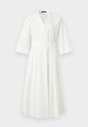 Weißes Midikleid mit weitem Kragen, Dreiviertelärmeln, Knopfleiste vorne und tailliertem Bund.