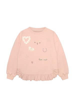 Hellrosa Langarmshirt mit Rüschensaum, verziert mit besticktem Herz, Blumen, Pferd, Hufeisen, Sternen, Wimpern und Textdetails.
