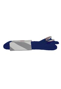 Marineblaue flache Schuhbänder mit zwei silbernen Metallspitzen; verpackt mit einem weiß-grauen Etikett, das ein dezentes Design zeigt.