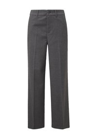 Pantalon gris pour hommes en tissu texturé, avec une coupe droite, une fermeture à boutons, et deux poches avant.