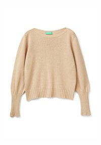 Beige gestrickter Pullover mit langen Ärmeln, gerippten Bündchen und Saum, rundem Halsausschnitt und grünem United Colors of Benetton Label am hinteren Kragen.