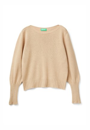 Beige gebreide lange mouw sweater met geribde manchetten en onderrand, ronde halslijn en groen United Colors of Benetton-label op de achterkant van de kraag.