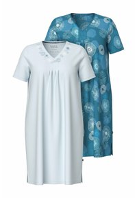 Dos vestidos de manga corta exhibidos. Uno es azul claro con bordados florales y pliegues, el otro es azul oscuro con patrones florales blancos.