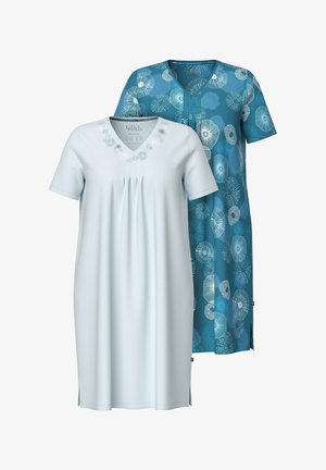 Dos vestidos de manga corta exhibidos. Uno es azul claro con bordados florales y pliegues, el otro es azul oscuro con patrones florales blancos.