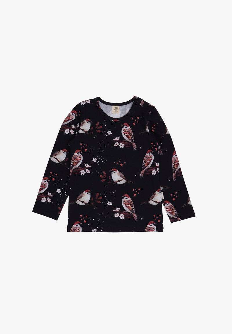 Langarmhemd aus schwarzem Stoff mit einem Vogel- und Blumenmuster in Rottönen und Weiß. Flacher Ausschnitt mit einem Etikett am Saum.